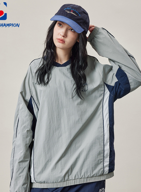 公鸡冠军灰色印花V领夹克男秋季宽松复古插肩袖拼接套头运动外套