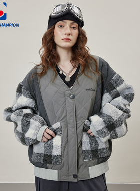 公鸡冠军灰色菱格棉服男冬季复古V领格子羊羔绒拼接廓型轻薄外套