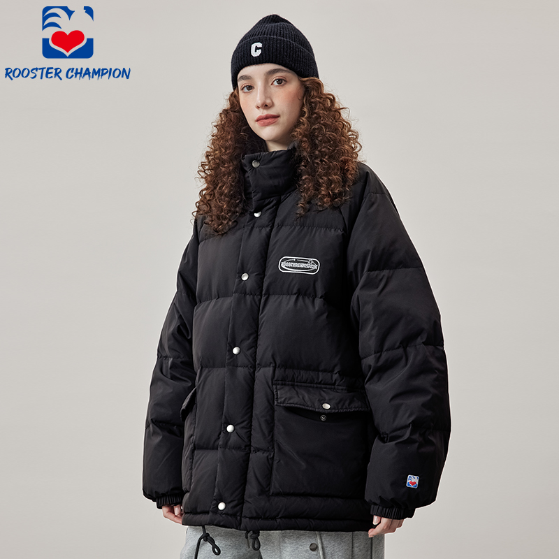 公鸡冠军羽绒服女冬季黑色宽松立领多口袋保暖情侣加厚外套潮