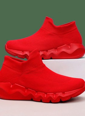 无鞋带48特大码男鞋春秋透气飞织红色本命年鞋轻便不累脚袜子鞋女