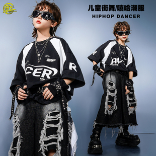儿童嘻哈街舞服男女童宽松T恤破洞牛仔七分裤hiphop架子鼓演出服