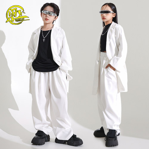 儿童白色西装街舞locking演出服