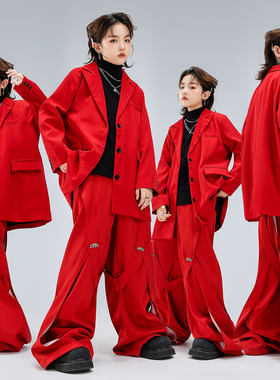 街舞儿童潮服男女童帅气红色西装嘻哈breaking舞蹈元旦走秀演出服