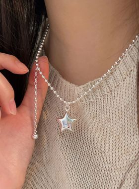 韩版S925银五角星流苏圆珠项链