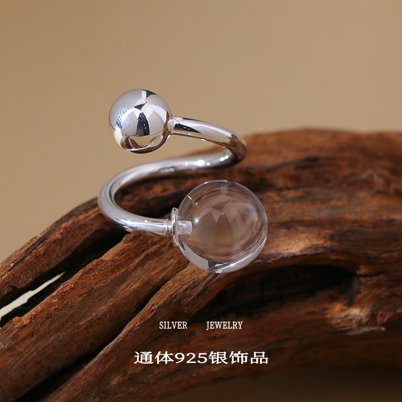 水晶双珠开口指环纯银小众设计