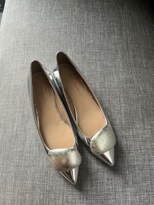 Rupert Sanderson银色银跟银箔扣低跟女鞋尖头粗跟单鞋百搭浅口鞋