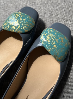 Rupert Sanderson雾霾蓝色2.5CM银跟粗跟低跟方头碎花扣单鞋女鞋