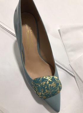 R.Sanderson 浅蓝色高跟浅口尖头碎花金箔扣单鞋女鞋