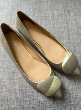 Rupert Sanderson灰色漆皮鸳鸯拼色扣低跟女鞋尖头粗跟女单鞋