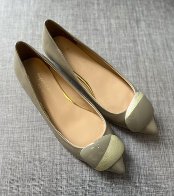 Rupert Sanderson灰色漆皮鸳鸯拼色扣低跟女鞋尖头粗跟女单鞋