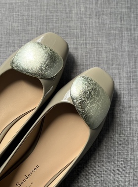 Rupert Sanderson灰色漆皮2.5CM银跟粗跟低跟方头银扣单鞋女鞋