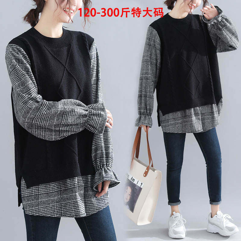 2019冬装200斤上衣加大码300斤提花毛衣拼接格子假两件大码女装|msdalam kategori Butik wanita / wanita, wanita saiz besar - dari Buy2taobao.com untuk memberikan perkhidmatan ejen Taobao profesional membeli