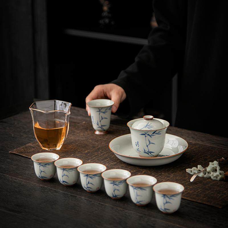 新款直销釉下彩茶杯陶瓷功夫品茗杯青花手绘竹子茶盏家用闻香杯喝