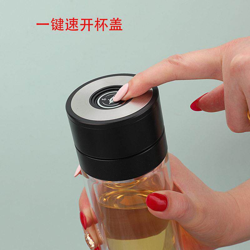 新款直销水晶贵族一键开盖茶水分离玻璃杯双层隔热车载礼品水杯子
