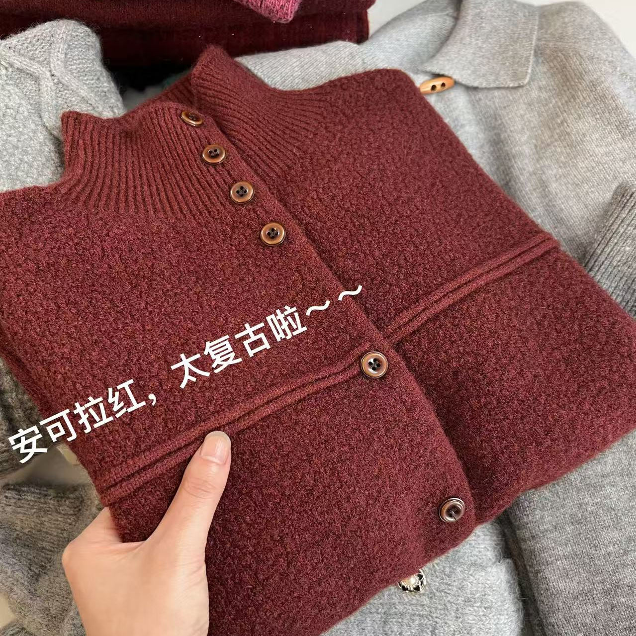 【简约翻领】新款简约高领可翻领横杠针织开衫x605