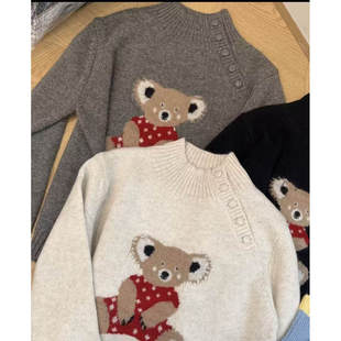 简约百搭斜扣小熊圆领针织套头衫 新款 x906 卡通小熊