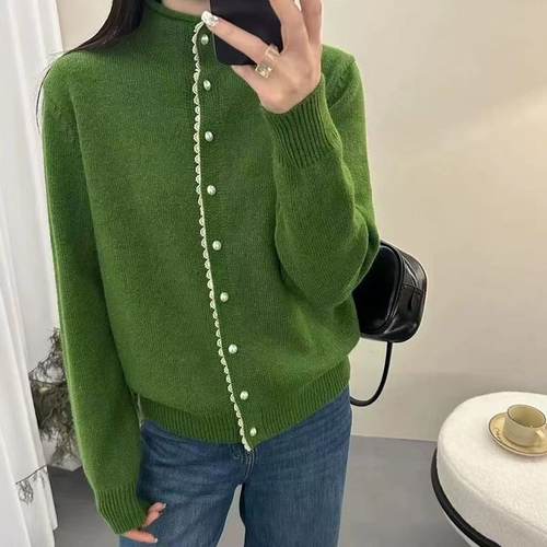 【蕾丝珍珠扣】新款蕾丝珍珠扣半高领洋气减龄百搭针织开衫x843