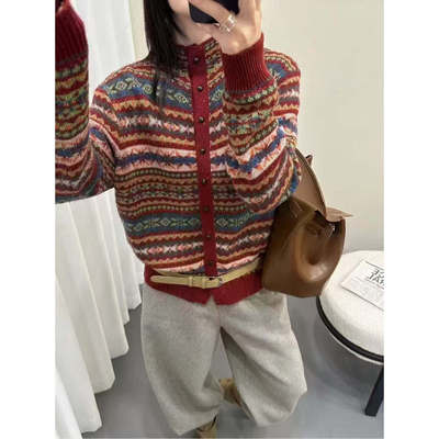 【复古费尔岛】新款复古提花针织费尔岛圆领开衫x1046