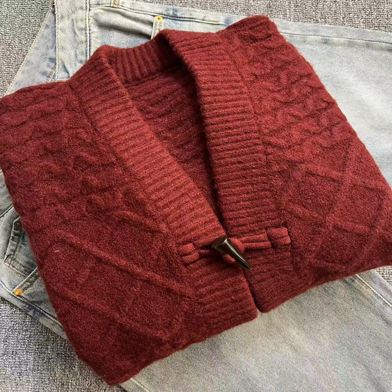 【牛角扣大外套】新款牛角扣大外套v领高级感针织开衫x636