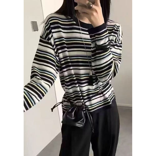 【撞色条纹】新款圆领高级感百搭撞色条纹薄款女士长袖上衣x1570