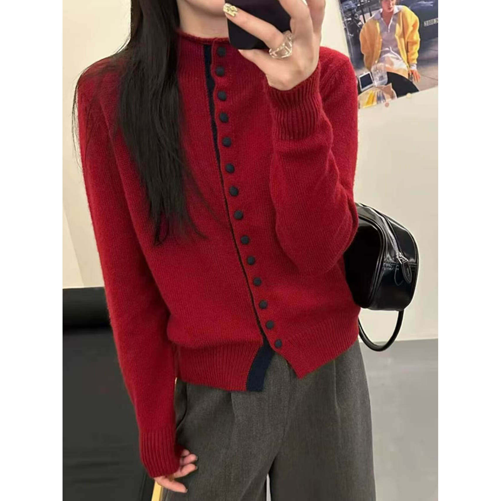 【撞色扣】新款半高领洋气简约排扣针织开衫x1063,女装/女士精品,毛针织衫,淘宝优惠券,粉丝福利购,淘宝优惠卷