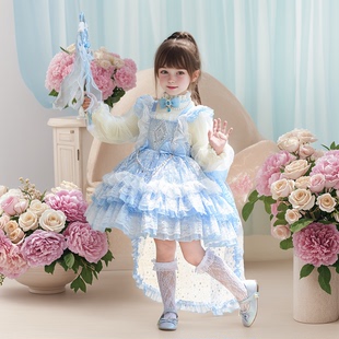 女童艾莎公主裙儿童生日礼服爱莎拖尾裙蓬蓬裙洛丽塔蓝色裙子套装