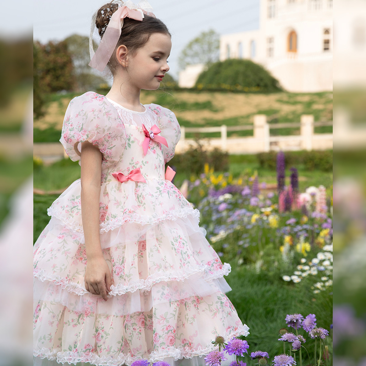 女童公主裙洛丽塔10岁粉色生日连衣裙夏儿童小碎花高级感蓬蓬裙子