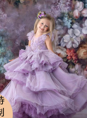 可订制女童高端晚礼服裙紫色钢琴演出服中大160170儿童花童公主裙