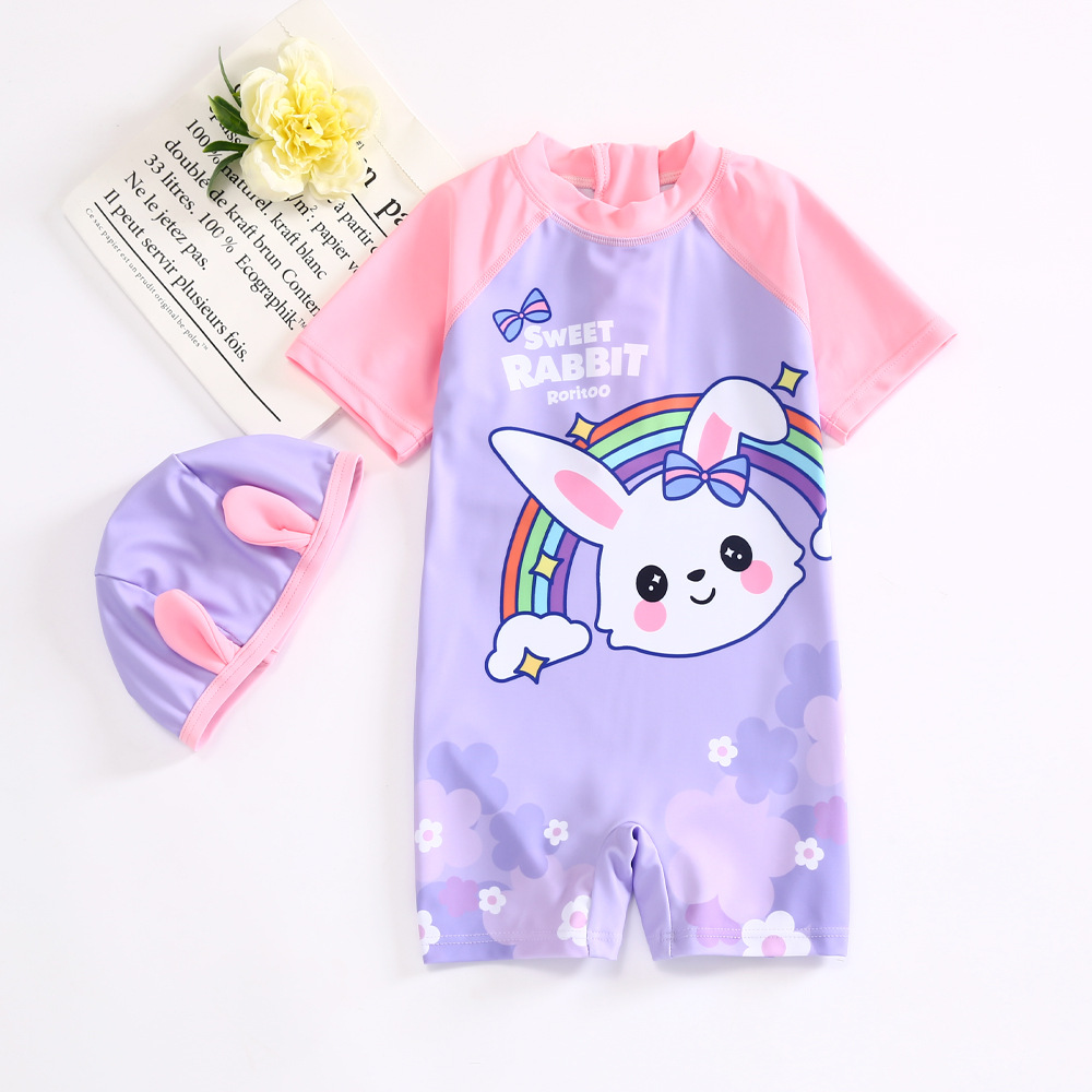 夏平角小女孩速干游泳衣 短袖卡通兔子防晒宝宝海边连体沙滩套装