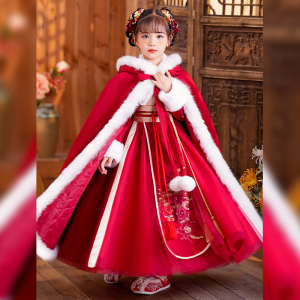 红色披风国风高级汉服加绒刺绣马面裙儿童拜年服女孩裙子棉衣外套
