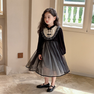 淘猪女童秋冬款连衣裙儿童英伦小众公主裙黑色蛋糕裙丝绒生日裙子