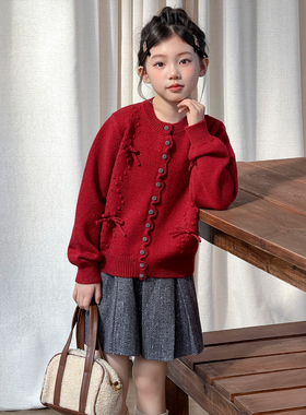 女童红色针织开衫套装新年款百褶裙甜美学院风保暖毛衣两件套童装