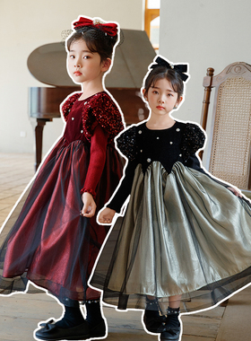 红色过年女孩拜年加绒连衣裙儿童主持人女童礼服轻奢小众高端裙子