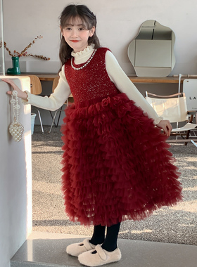 中大童初中生大红色连衣裙拜年服加绒裙子棉服过年喜庆女童公主裙