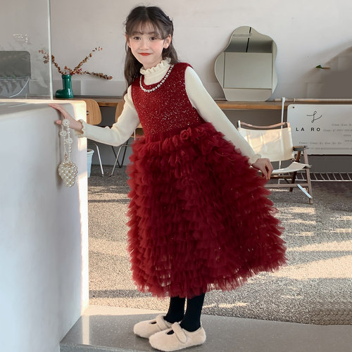 中大女童红色过年连衣裙