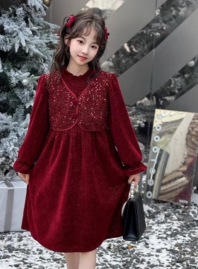 大红色儿童连衣裙2024新款拜年服加绒裙子棉服过年喜庆女童公主裙