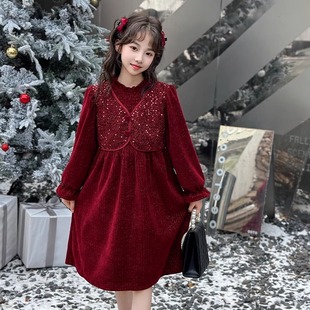大红色儿童连衣裙2024新款 拜年服加绒裙子棉服过年喜庆女童公主裙