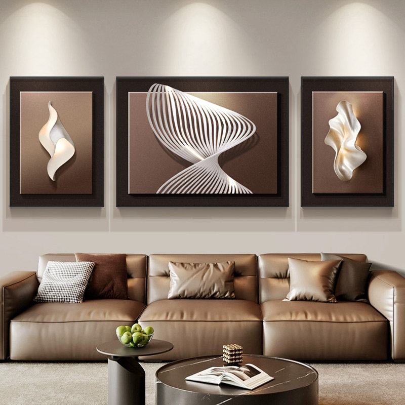现代轻奢高级感砂岩客厅装饰画沙发后背景墙挂画简约抽象三联壁画