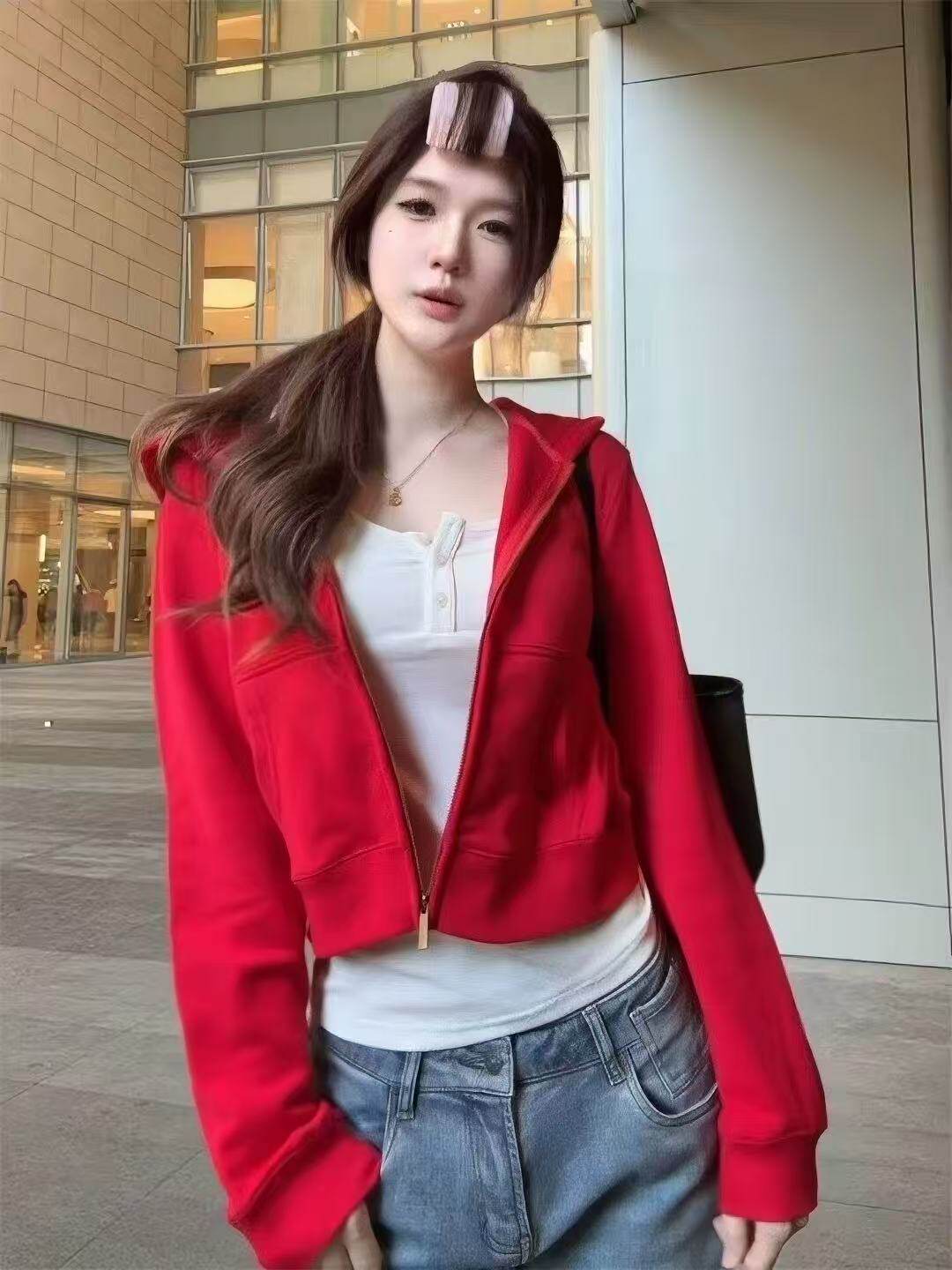 红色连帽短款卫衣外套女秋冬小个子韩系宽松显瘦长袖拉链开衫上衣
