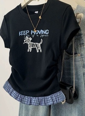 纯棉印花格子拼接短袖t恤女夏新款设计感修身显瘦短款正肩上衣潮