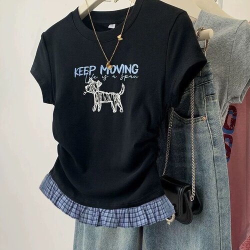 纯棉印花格子拼接短袖t恤女夏新款设计感修身显瘦短款正肩上衣潮