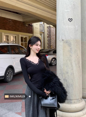 设计感蕾丝花边拼接V领木耳边T恤女冬季修身内搭德绒打底衫上衣潮