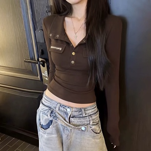 辣妹风高领长袖修身T恤女秋冬显瘦内搭设计感紧身打底衫磨毛上衣