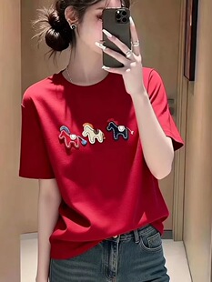 韩版气质马年小福马刺绣短袖T恤女2026春秋新款宽松打底衫上衣