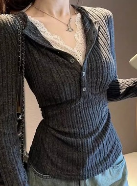 假两件蕾丝拼接长袖针织衫女秋冬纯欲掐腰修身显瘦磨毛打底上衣潮