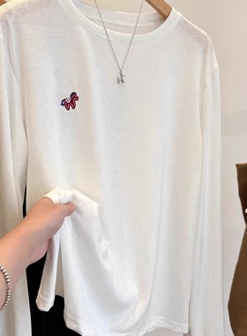 2026新款早春刺绣小红马薄款雪花棉宽松长袖T恤女百搭打底衫上衣