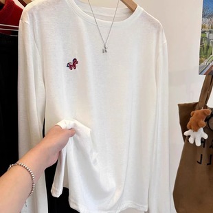 2026新款早春刺绣小红马薄款雪花棉宽松长袖T恤女百搭打底衫上衣