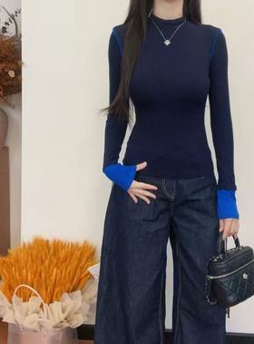 复古半高领明线撞色拼接长袖T恤女2025秋冬新款气质内搭磨毛上衣