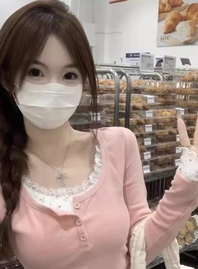 bm风蕾丝假两件U领长袖t恤女秋季修身拼接碎花别致绝美打底短上衣