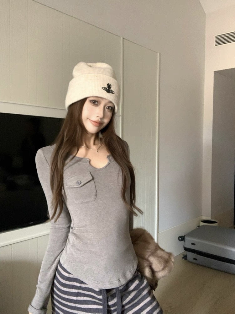 复古磨毛口袋长袖打底衫女2025新款灰色t恤显瘦韩系chic别致上衣